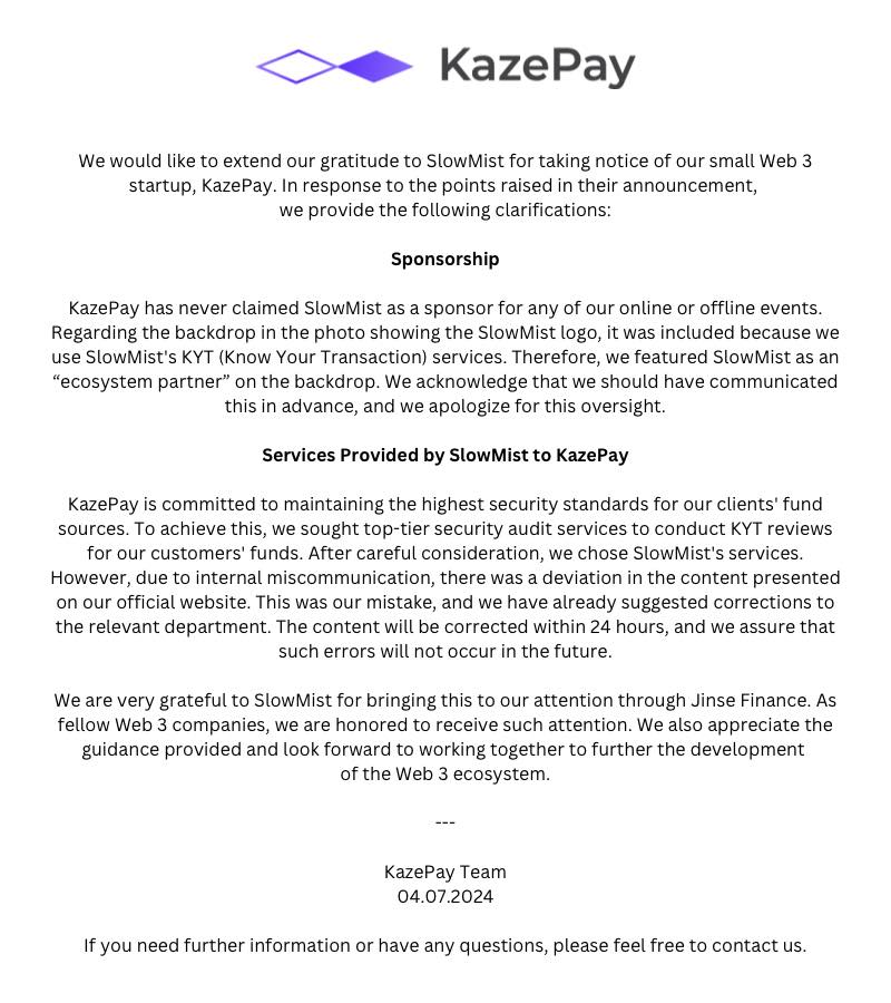 A Commitment to Clarity: KazePay's Official Response to SlowMist